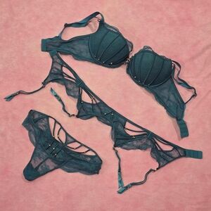 Teal Lace Strappy 3-Piece Lingerie Set